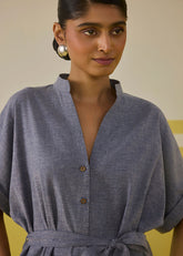 A Model Wearing Multicolor Hemp Denim Palm Promenade Hemp Denim Dress , curated by Only Ethikal